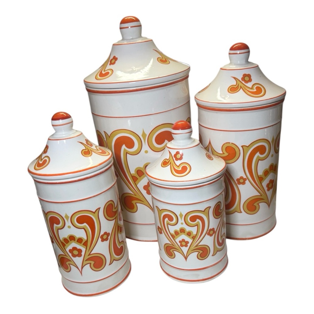 Vintage Orange and White Canister Set Swirl 70s Mod MCM Art Japan Ceramic